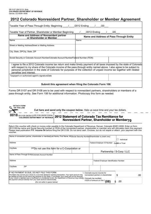 Form Dr 0107 - Colorado Nonresident Partner, Shareholder Or Member Agreement - 2012 Printable pdf