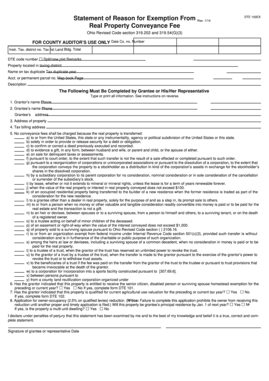 Form Dte 100ex - Statement Of Reason For Exemption From Real Property Conveyance Fee Printable pdf