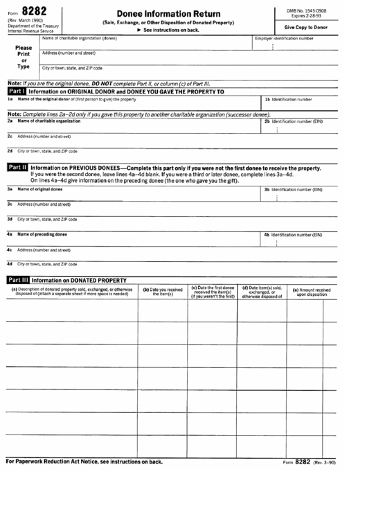 Form 8282 - Donee Information Return - Department Of Treasury Printable pdf