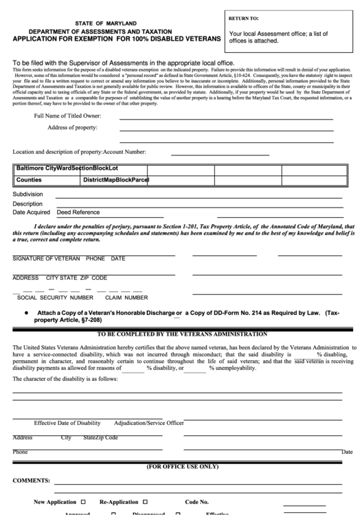 Fillable Form Sdat Ex 4a - Application For Exemption For 100% Disabled Veterans Printable pdf
