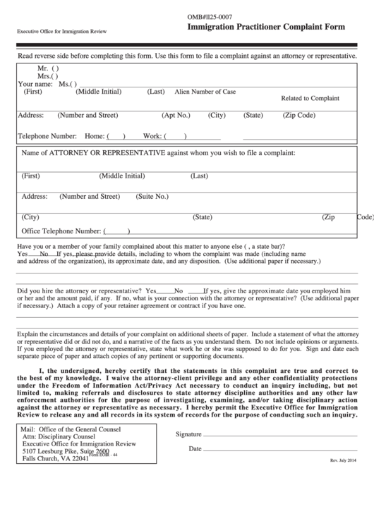 Fillable Form Eoir-44 - Immigration Practitioner Complaint Form - U.s. Department Of Justice Printable pdf
