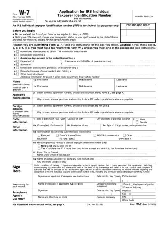 Fillable Form W-7 - Application For Irs Individual Taxpayer Identification Number Printable pdf
