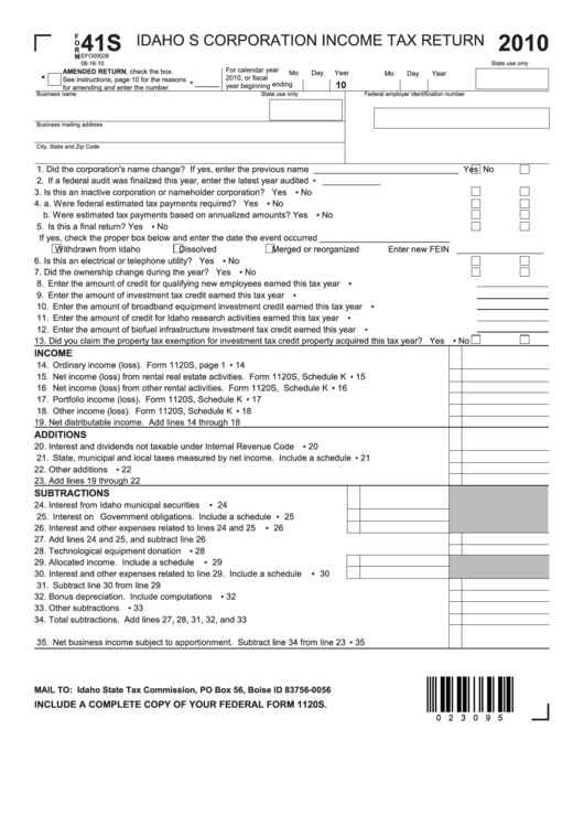 Form 41s - Idaho S Corporation Income Tax Return,form Id K-1 - Partner