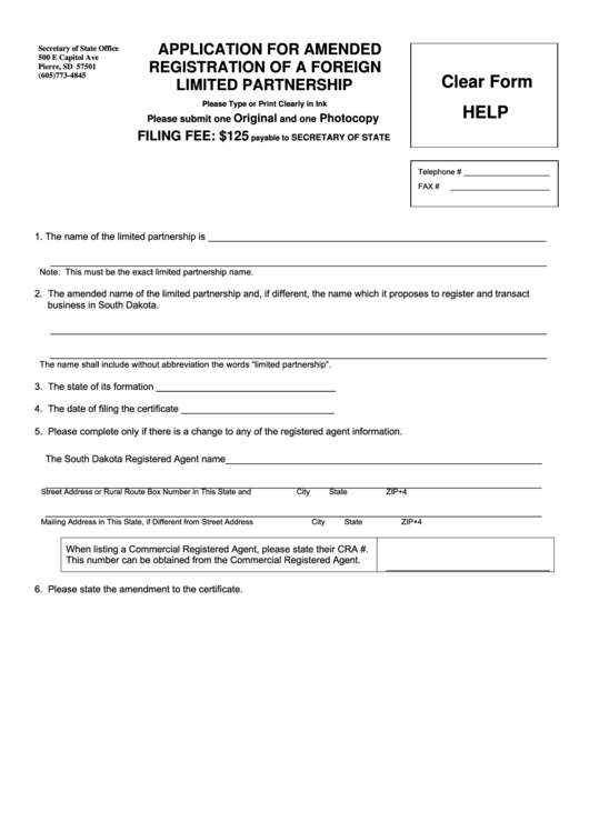 Fillable Application For Amended Registration Of A Foreign Limited Partnership Form - South Dakota Secretary Of State - 2012 Printable pdf