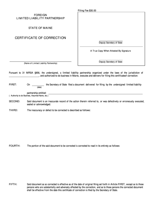 Fillable Form Mllp-17a - Certificate Of Correction - Maine Foreign Limited Liability Partnership Printable pdf