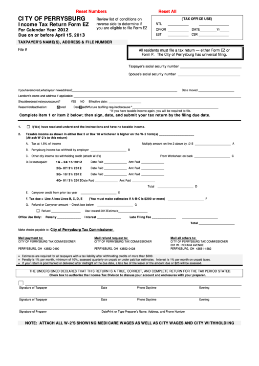 Fillable Form Ez - Income Tax Return - City Of Perrysburg - 2012 Printable pdf