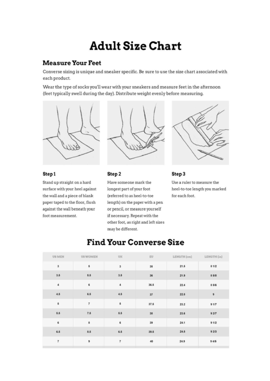 Adult Size Chart - Feet Converse Sizing Printable pdf