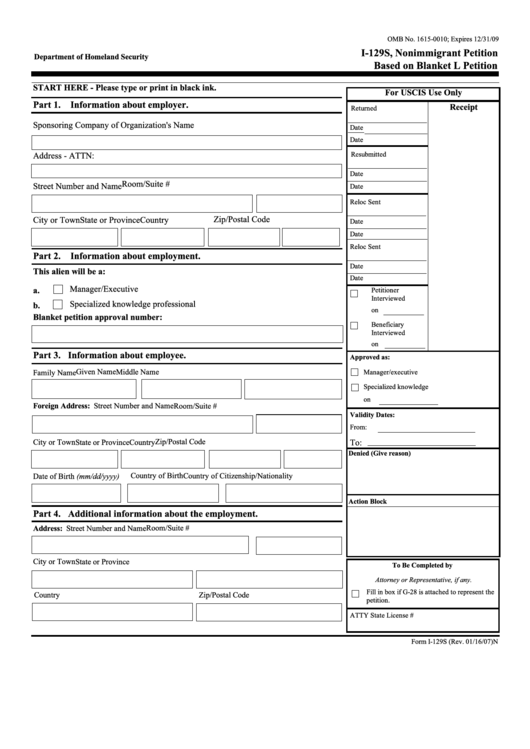 Form I-129s - Nonimmigrant Petition Based On Blanket L Petition - U.s. Citizenship And Immigration Services Printable pdf