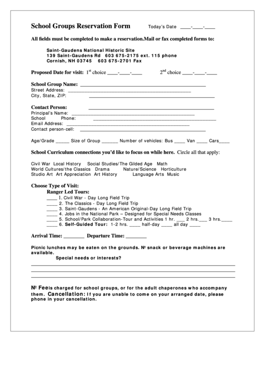 School Groups Reservation Form Printable pdf