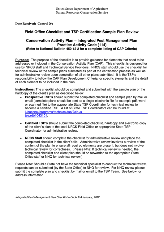 Fillable Integrated Pest Management Plan - United States Department Of Agriculture Printable pdf