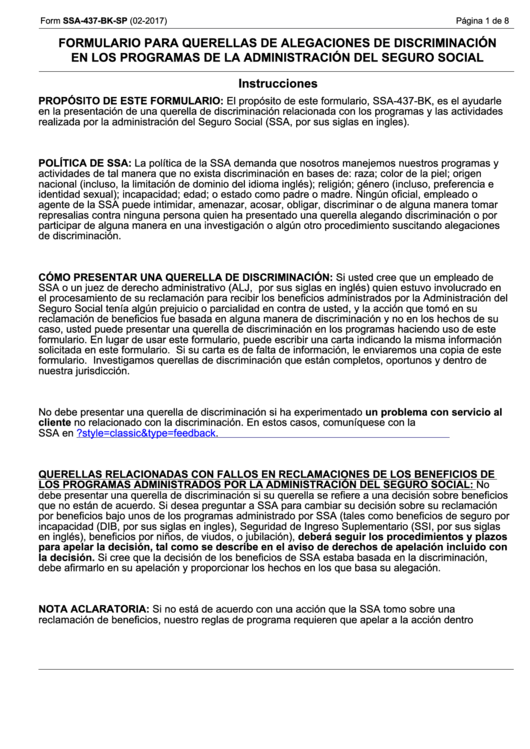 Form Ssa-437-Bk-Sp - Formulario De Querella Por Discriminacion Printable pdf