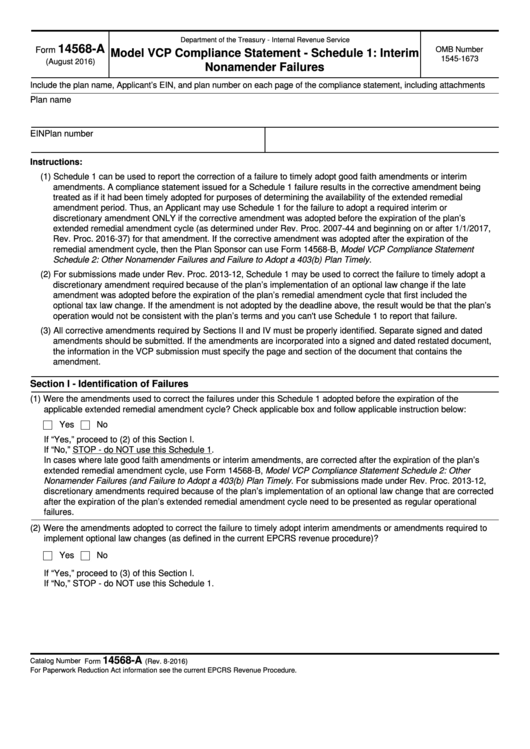 Fillable Form 14568-A - Model Vcp Compliance Statement - Schedule 1: Interim Nonamender Failures Printable pdf