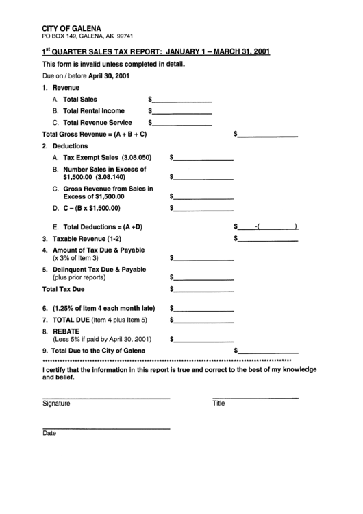 Quarter Sales Tax Report - City Of Galena - 2001 Printable pdf