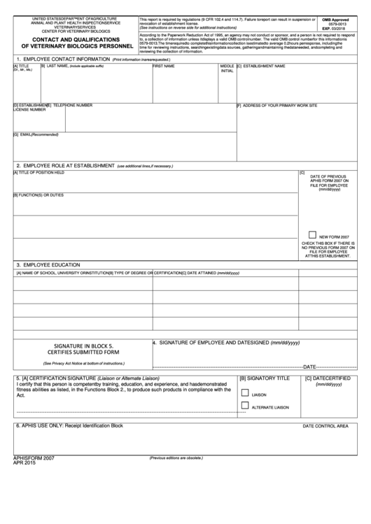 Fillable Aphis Form 2007 - Contact And Qualifications Of Veterinary Biologics Personnel - United States Department Of Agriculture Printable pdf