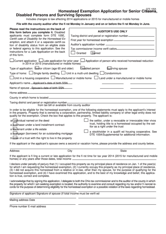 Form Dte 105a - Homestead Exemption Application For Senior Citizens, Disabled Persons And Surviving Spouses