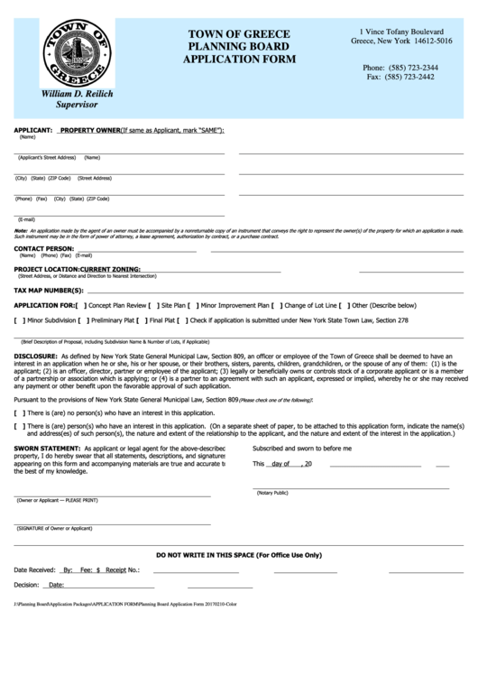 Planning Board Application Form - Town Of Greece Printable pdf
