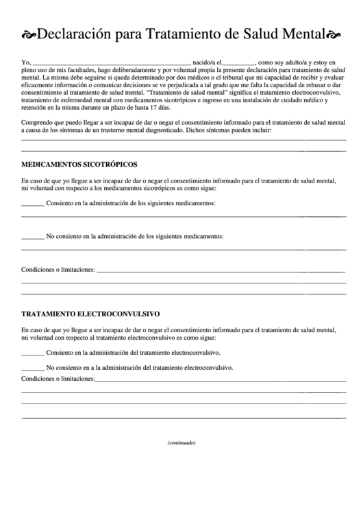 Declaracion Para Tratamiento De Salud Mental Printable pdf