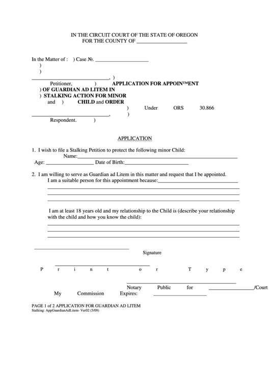 Application For Appointment Of Guardian At Litem In Stalking Action For Minor Child And Order - Oregon Printable pdf
