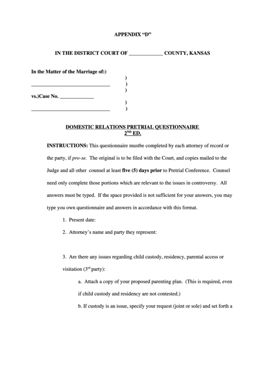 Domestic Relations Pretrial Questionnaire - Kansas Printable pdf