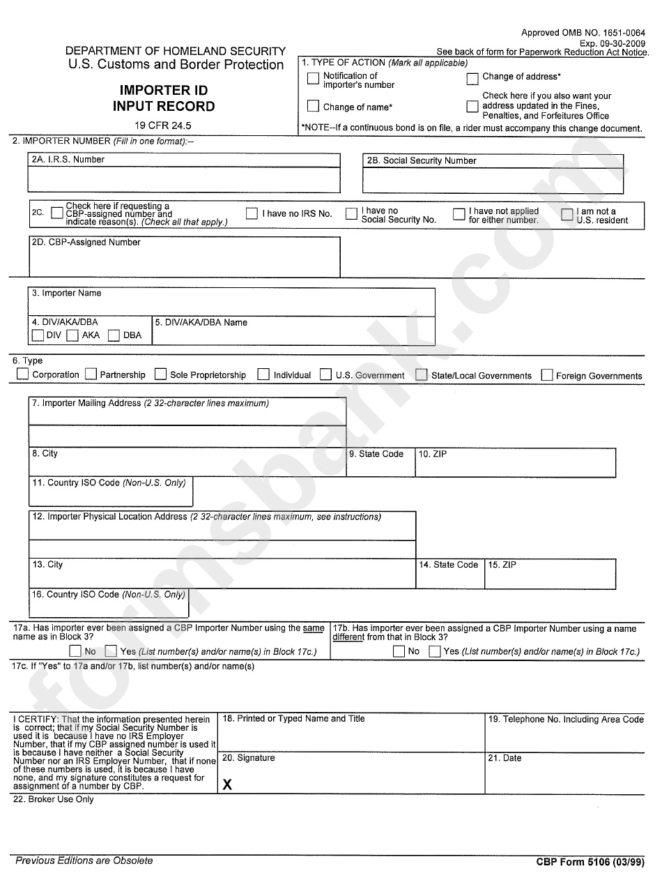 Cbp Form 5106 - Importer Id Input Record