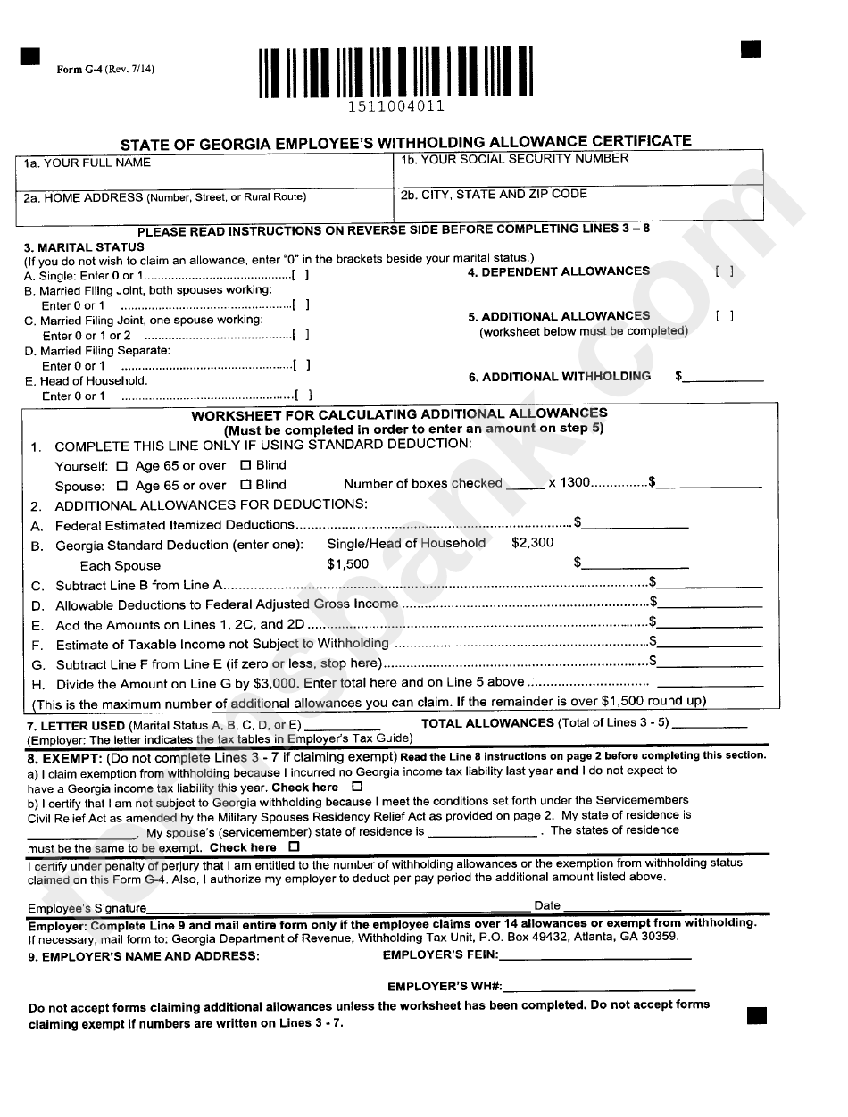 Form G-4 - State Of Georgia Employee'S Withholding Allowance