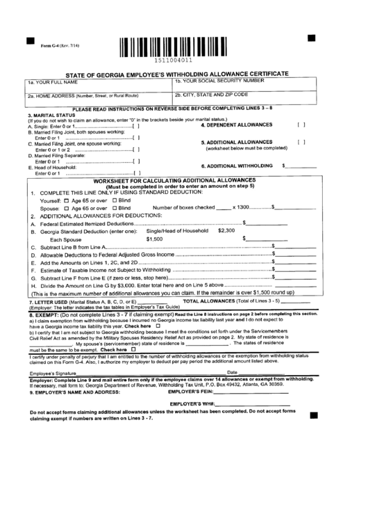 Form G 4 State Of Georgia Employee #39 S Withholding Allowance