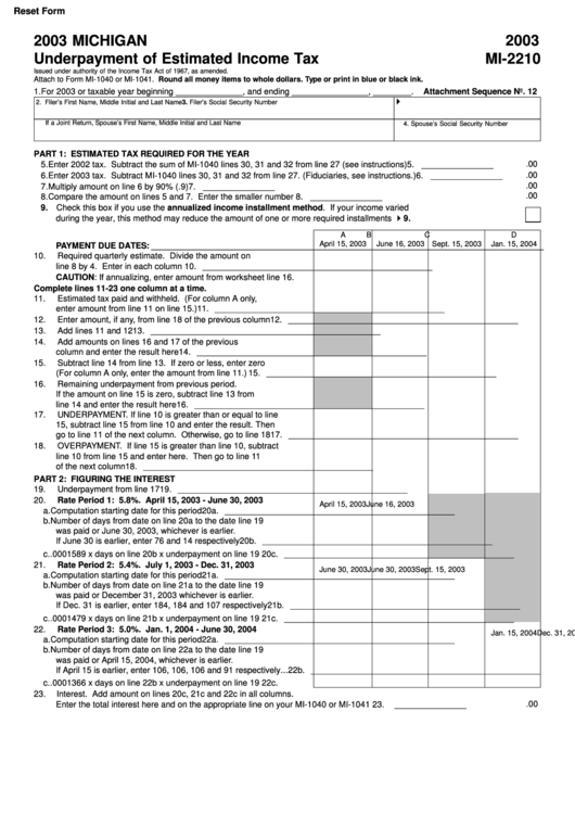Fillable Form Mi-2210 - Michigan Underpayment Of Estimated Income Tax - 2003 Printable pdf