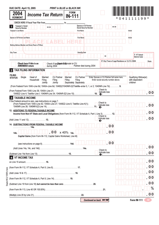 Form In-111 - Vermont Income Tax Return - 2004 Printable pdf
