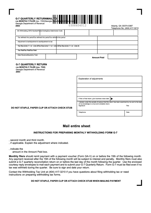 Form G-7 - Quarterly Return - 2003 Printable pdf