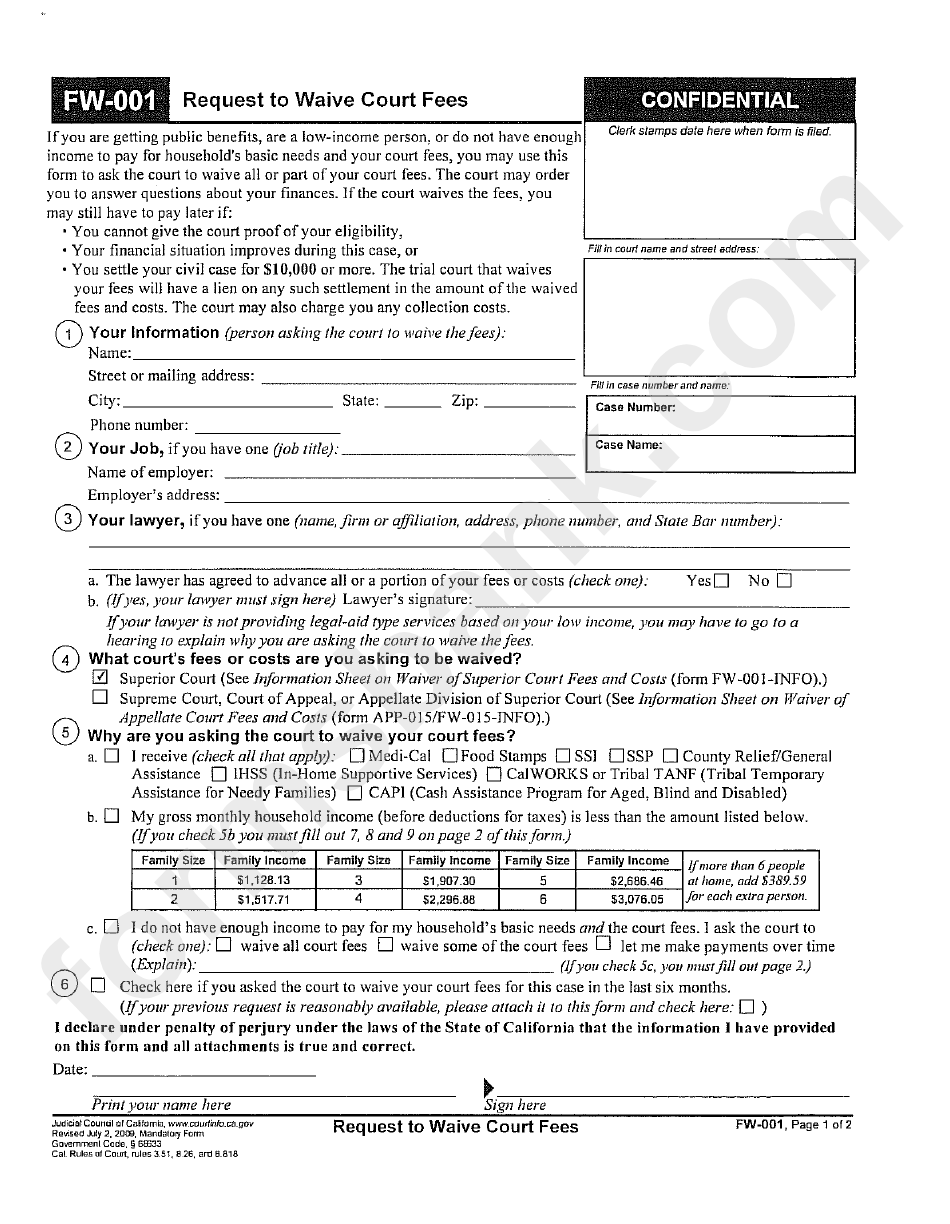 Form Fw-001 - Request To Waive Court Fees
