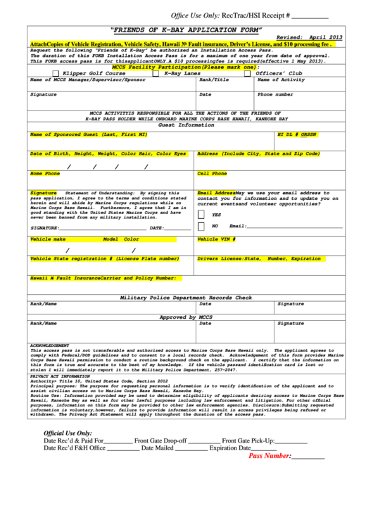 Fillable Friends Of K-Bay Application Form - Marine Corps Community Services Hawaii Printable pdf