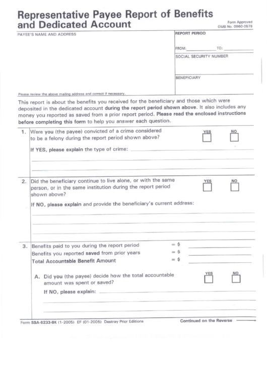 Form Ssa-6233-Bk - Representative Payee Report Of Benefits And Dedicated Account Printable pdf
