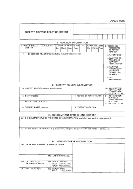 Fillable Form Cioms - Suspect Adverse Reaction Report Printable pdf