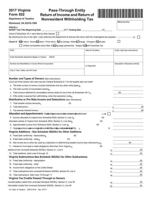 Form 502 - Pass-through Entity Return Of Income And Return Of Nonresident Withholding Tax - 2017