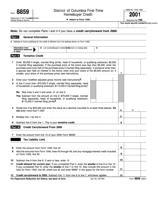 Fillable Form 8859 - District Of Columbia First-Time Homebuyer Credit - 2001 Printable pdf