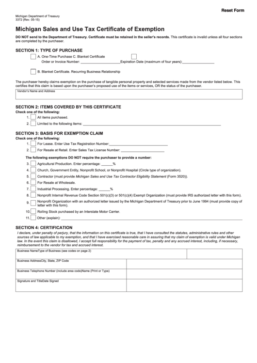 Fillable Form 3372 - Michigan Sales And Use Tax Certificate Of Exemption Printable pdf