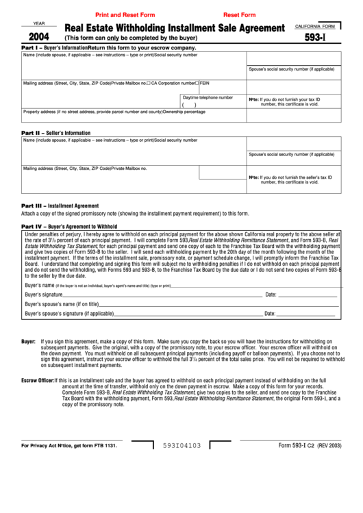 Fillable California Form 593-I - Real Estate Withholding Installment Sale Agreement - 2004 Printable pdf