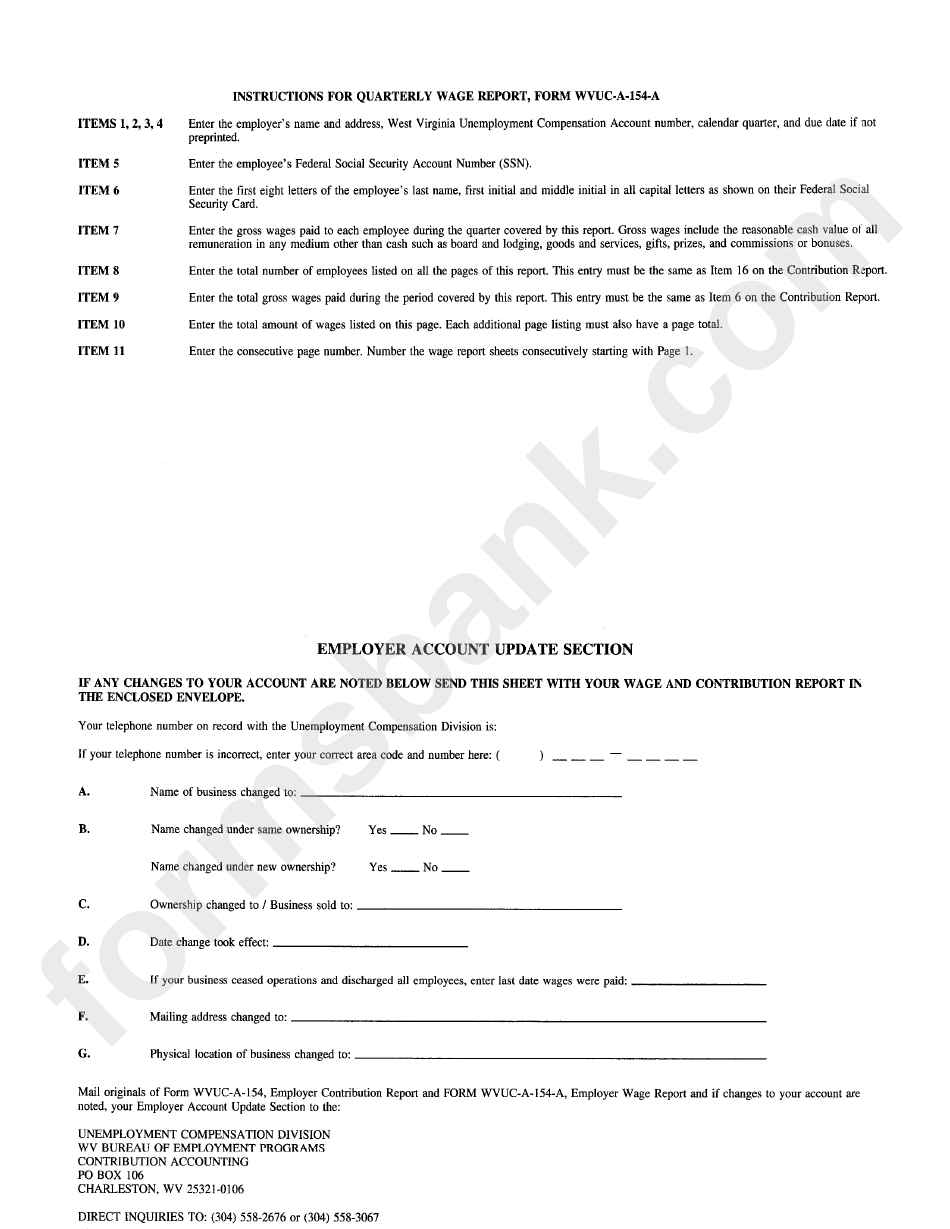 Form Wvuc-A-154 - Employer Account Update Section