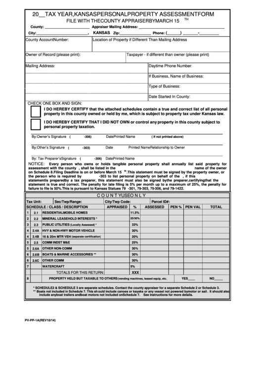 Fillable Form Pv-Pp-1a - Kansas Personal Property Assessment Form - 2014 Printable pdf