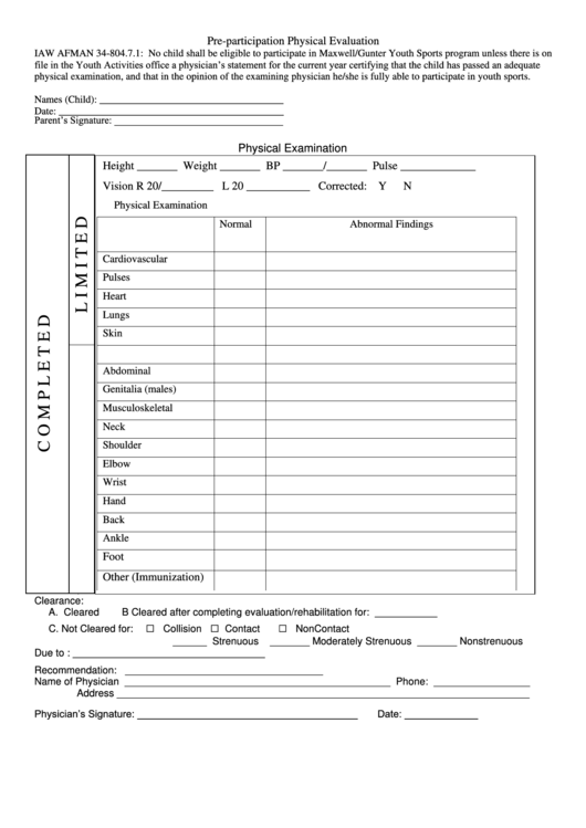 Pre-Participation Physical Evaluation Printable pdf