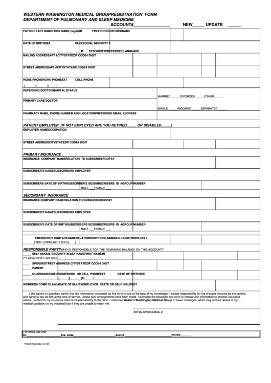 Western Washington Medical Group Department Of Pulmonary And Sleep Medicine - Registration Form Printable pdf