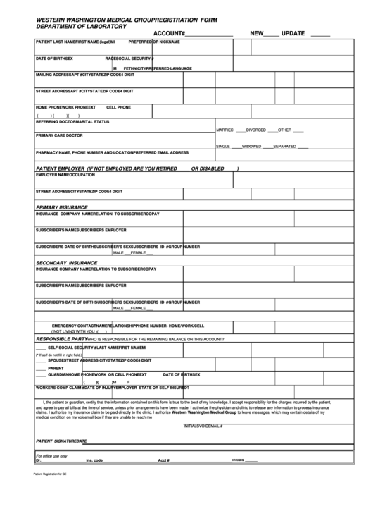 Western Washington Medical Group Department Of Laboratory - Registration Form Printable pdf