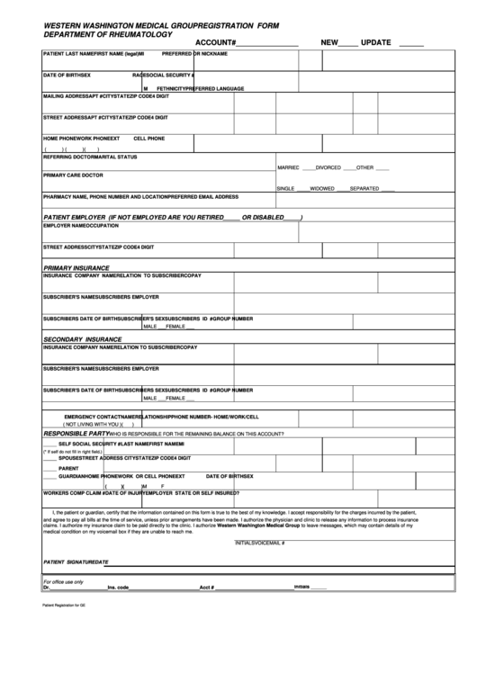 Western Washington Medical Group Department Of Rheumatology - Registration Form Printable pdf