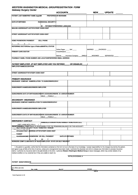 Western Washington Medical Group Gateway Surgery Center - Registration Form Printable pdf