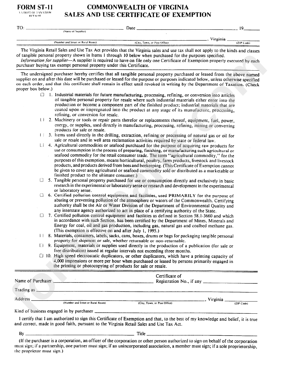 Form St-11 - Sales And Use Certificate Of Exemption
