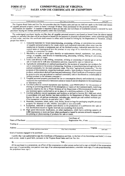 Form St-11 - Sales And Use Certificate Of Exemption Printable pdf