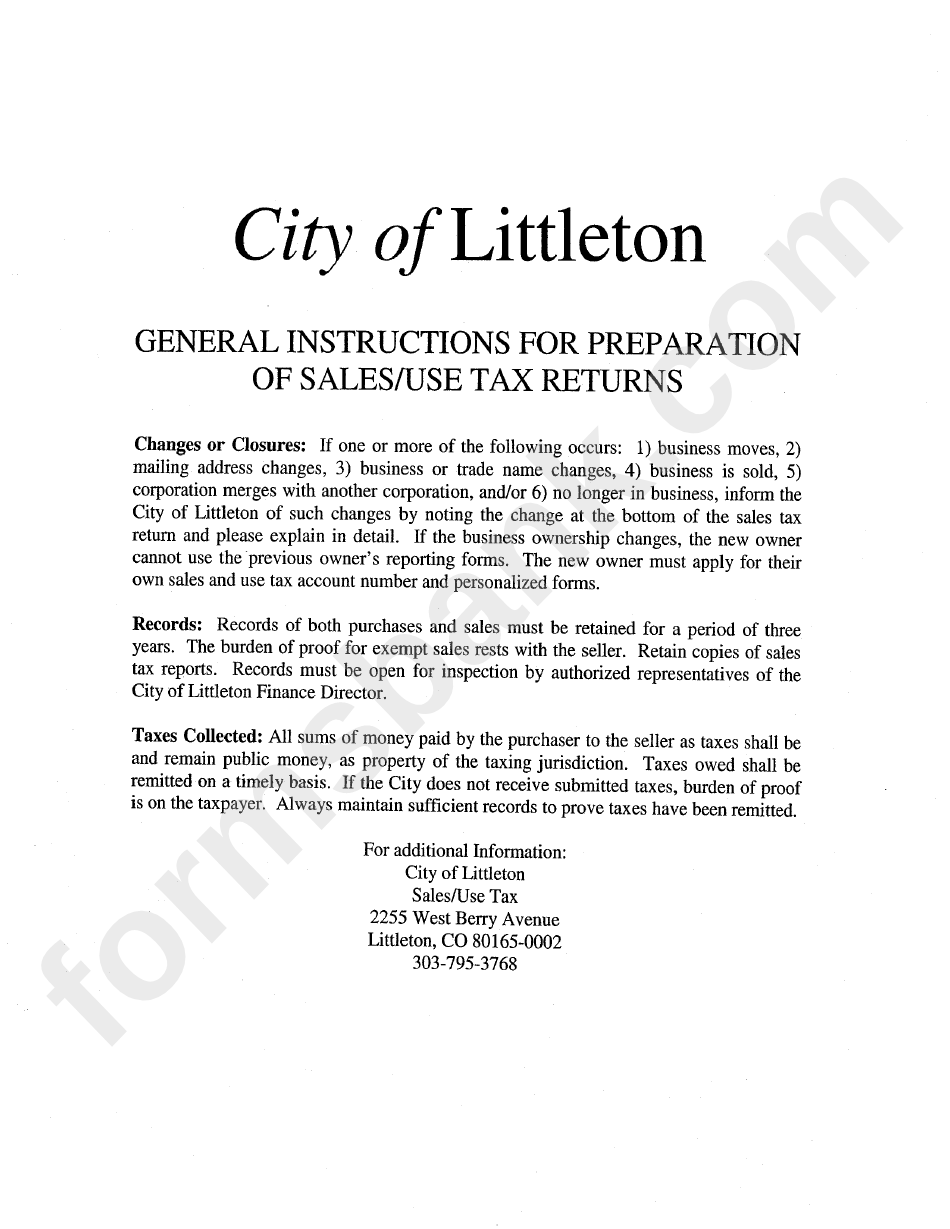 General Instructions For Preparation Of Sales/use Tax Returns - City Of Littletown