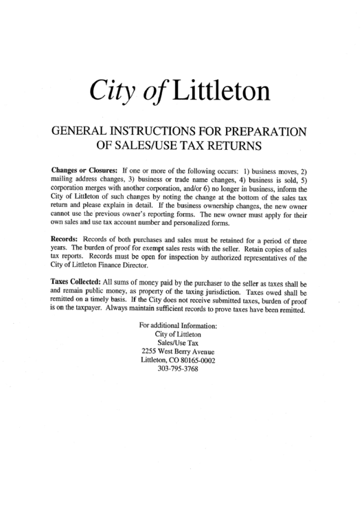 General Instructions For Preparation Of Sales/use Tax Returns - City Of Littletown Printable pdf