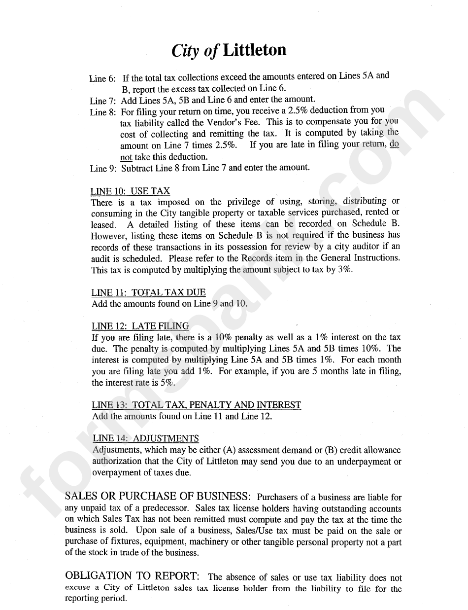 General Instructions For Preparation Of Sales/use Tax Returns - City Of Littletown