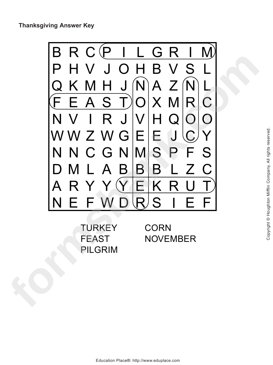 Thanksgiving Word Search Puzzle Template Answer Key